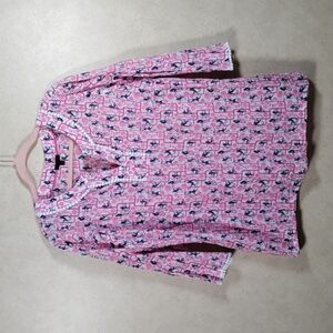 10533 Talbots pink & navy monkey print 3/4 sleeve cotton shirt 1X